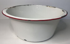 Vintage White Porcelain Enamel on Iron Wash Basin Red Trim 13 1/2” across  6” H picture
