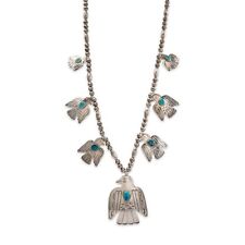 NATIVE AMERICAN STERLING TURQUOISE THUNDERBIRD & BENCH BEAD STATION NECKLACE 23