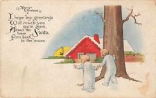 c1915  Children Hide Behind Tree Santa Claus Reindeer Flying Christmas P296 picture