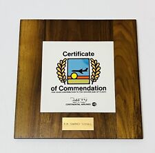 Vintage Continental Airlines Certificate Of Commendation Award Plaque  picture