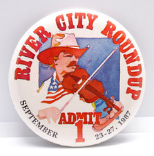 Vintage 1987 River City Roundup Rodeo Pinback Button Western Cowboy Fiddle picture