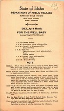 1920s State of Idaho Department of Public Welfare Baby Diet Cards Child Hygeine picture