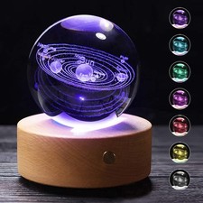 3D Solar System Crystal Ball with Wood Base, Engraved Universe Planet Sphere,... picture