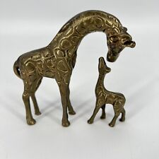 Vintage Solid Brass Giraffe Mother and Baby Kissing Figurines picture