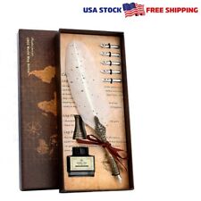 Retro Quill Feather Pen Dip Set For Writing Gift Box 5 Nibs White - FAST ship picture