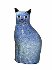 VTG Blue Speckled Ceramic Cat Statue Figure Kitty Kitten Folk Art Style 10” EUC picture