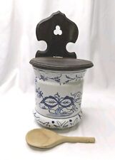 Antique Porcelain Salt Box Wooden Lid Hanging Wall Mount or Counter Blue White picture