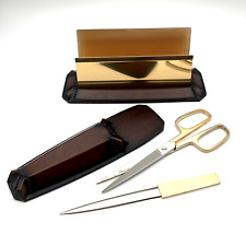 Vintage MATINA Desk Set Scissors Letter Opener Holder Faux Leather Forged Steel picture