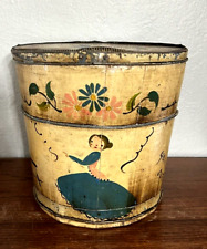 Antique Hand Painted Handmade Folk Art Wooden Yarn Bucket w/ Lid Signed Vintage picture