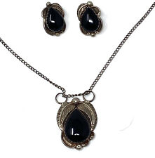 Navajo Signed HERBERT TSOSIE Sterling Silver Black Onyx Necklace & Earrings Set picture