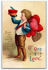 c1910's Valentine Boy Hat Feather Carrying Hearts Ellen Clapsaddle Postcard picture
