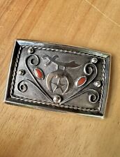 Vintage Navajo Johnny Mike Begay Sterling Silver Coral Masonic Buckle Signed picture