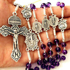 NATURAL AMETHYST ROSARY BEADS ITALY CROSS CRUCIFIX CATHOLIC NECKLACE GIFT BOX picture