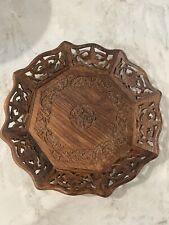 Vintage Hand Carved Wood Serving Tray Platter 10 Inch Floral Motif Made In India picture