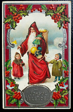 Red Robe Santa Claus with Children~Toys~Holly~Antique~Christmas Postcard~k273 picture
