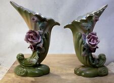 Pair Of Vintage Made In Japan Floral Vases-Roses- Pink/Green picture