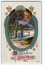 New Year Postcard House Winter Scene Wooden Bridge Embossed c1910'sAntique picture