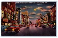 Manchester New Hampshire Postcard Elm Street Night Exterior 1940 Vintage Antique picture