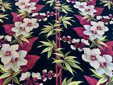 Candied Red Hibiscus on Black MIAMI BEACH Barkcloth Vintage Fabric Curtain Drape picture