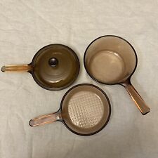 Vintage Corning Vision Amber (2) 7” Waffle Frying Pans 1 Lid And 1.5L Sauce Pan picture