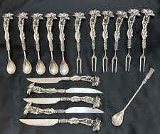 17 Vtg Cocktail Forks Spoons Knives Cutlery Ornate 3D Orchids Rope Fruit Dessert picture