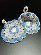 Vintage Handmade Crochet Hot Pads Pot Holders Trivets Fall Blue White Tan UNUSED picture