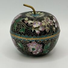 Cloisonne Apple Fruit Shape Trinket Box Brass Stem Flowers picture