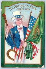 1909 UNCLE SAM*ST PATRICK'S DAY GREETINGS*AMERICAN & IRELAND FLAGS*HORSESHOE picture