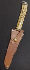 Vintage Stag Handle Fighting Knife, Bowie, Copper Double Guard, W/Leather Sheath picture