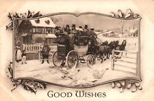 Vintage Christmas Greetings Postcard - Good Wishes c1918,  Horse and Carraige picture