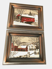 PR Linen Screenprints Winter Snow Barn Bridge Metal Frames No Glass Coppercraft picture