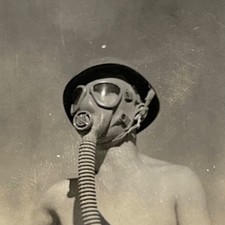 1940s Shirtless Man Wearing Gas Mask Surreal Weird Military Vtg Snapshot Photo picture