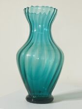 Vintage Swirled Teal Art Glass Vase Rippled Top picture
