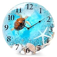  Coastal Nautical Glass Wall Clock with Seashell Design and Turtle 12 Inch Blue picture