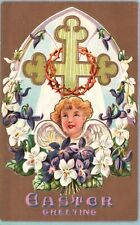 Vintage Postcard Easter Greeting Angel Flowers Holiday Special Celebration Wish picture