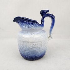 Vintage Rockingham Pitcher Jug Blue White Horse Head Handle Countryside Pattern picture