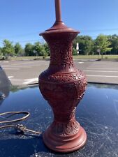Antique Asian Chinese Carved Red Cinnabar Lacquer Table Lamp 20” picture