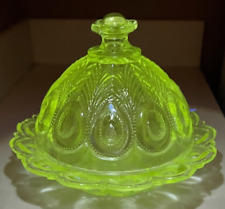 Atq US Glass Butter Dish 15076 Georgia OMN State Peacock Eye 1902 EAPG UV Glow picture