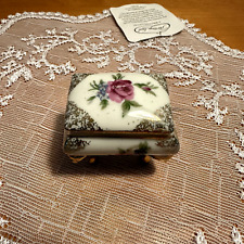 Vintage  Miniature Porcelain Square Trinket Box With Gold Legs Rose picture