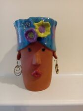 Funky Bird Brain Lady Head Planter Pottery Lola Earrings Headdress Gardening Art picture