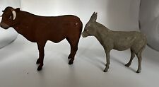 2 Antique German Nativity  Animals Flocked Plaster Putz Cow Donkey & Cow picture