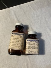 2 Vintage Pharmacy Codeine Bottles Paper Labels Amber Glass 1965 Empty picture