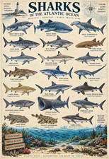 Sharks of the Atlantic Ocean Vintage Identification Chart Marine Poster 13x19 picture
