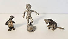 Lot of 3 Pewter Figurines Cat Penguin & Boy Playing Soccer P. Davis Rawcliffe picture