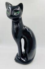 Vtg Retro Black Ceramic Pottery Stylized Cat Green Eyes Figurine 11’ Taiwan Made picture