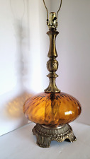 Vtg Mid Century Optical Amber Glass Saucer & Brass Hollywood Table lamp picture