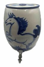 MA Hadley Blue Horse Water Cooler with Lid Stoneware Pottery picture