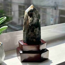 310g Top Natural Ghost Obelisk Quartz Crystal  Point Wand Reiki +Stand WA65 picture