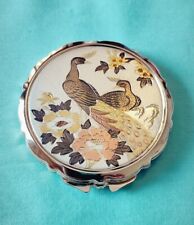 Vintage Chokin Peacock Gold Tone Powder Compact Mirror Pill Stash Box Japan picture