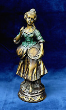Bronze Brass Statue Of Woman Vintage Primitive  Colored Enameling On Dress ~ 12” picture